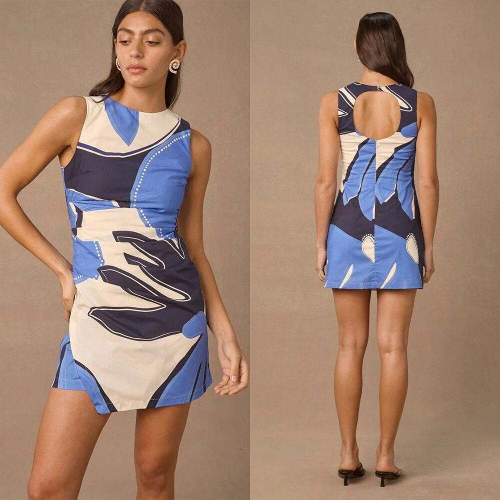 NWT MON RENN Twilight Palms Mini Dress M Blue Abstract Cutout Back
